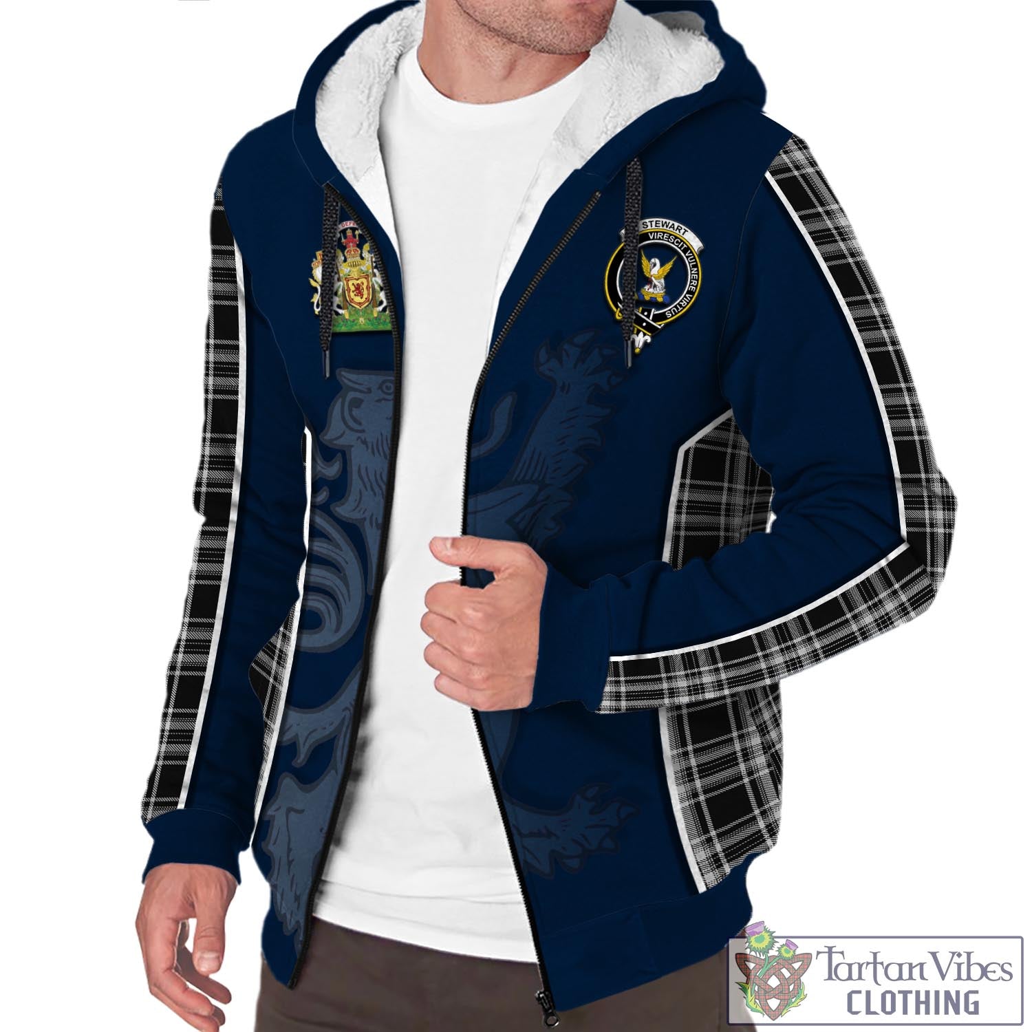 Tartan Vibes Clothing Stewart Black and White Tartan Sherpa Hoodie with Family Crest and Lion Rampant Vibes Sport Style