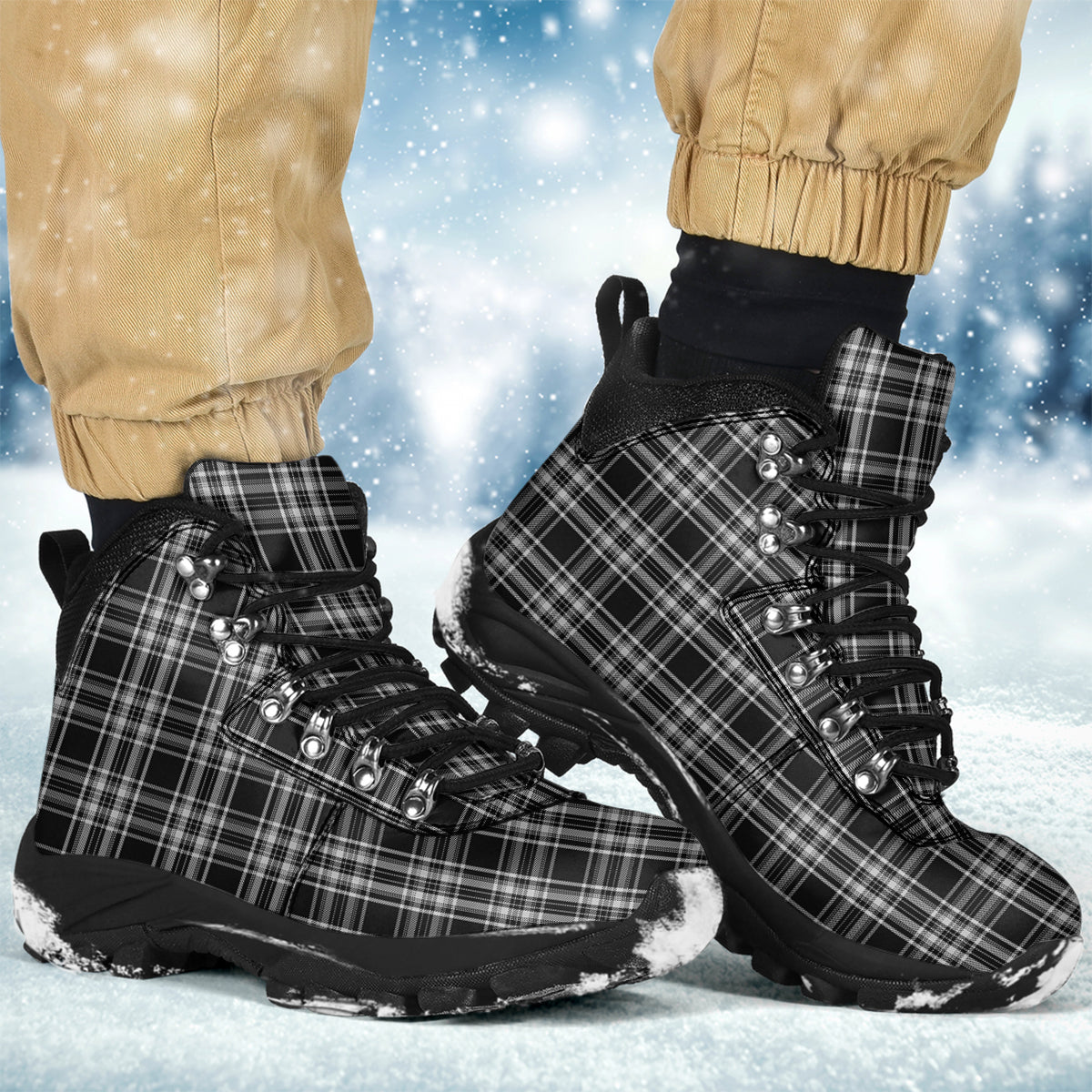 Stewart Black and White Tartan Alpine Boots - Tartanvibesclothing