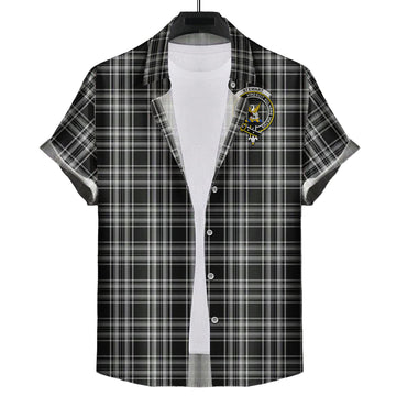 Stewart Black and White Tartan Short Sleeve Button Down Shirt with Family Crest