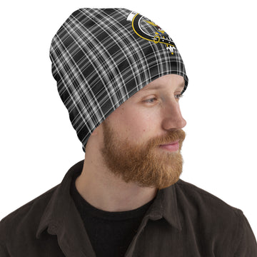 Stewart Black and White Tartan Beanies Hat with Family Crest