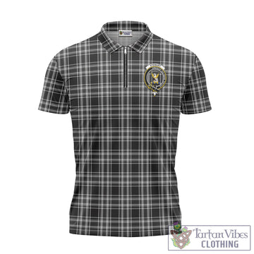 Stewart Black and White Tartan Zipper Polo Shirt with Family Crest