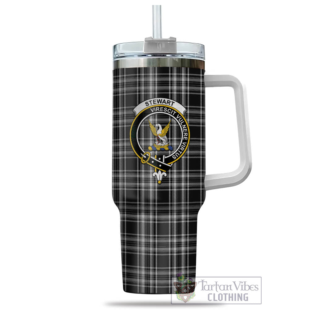 Tartan Vibes Clothing Stewart Black and White Tartan and Family Crest Tumbler with Handle