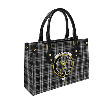 Stewart Black and White Tartan Leather Bag with Family Crest