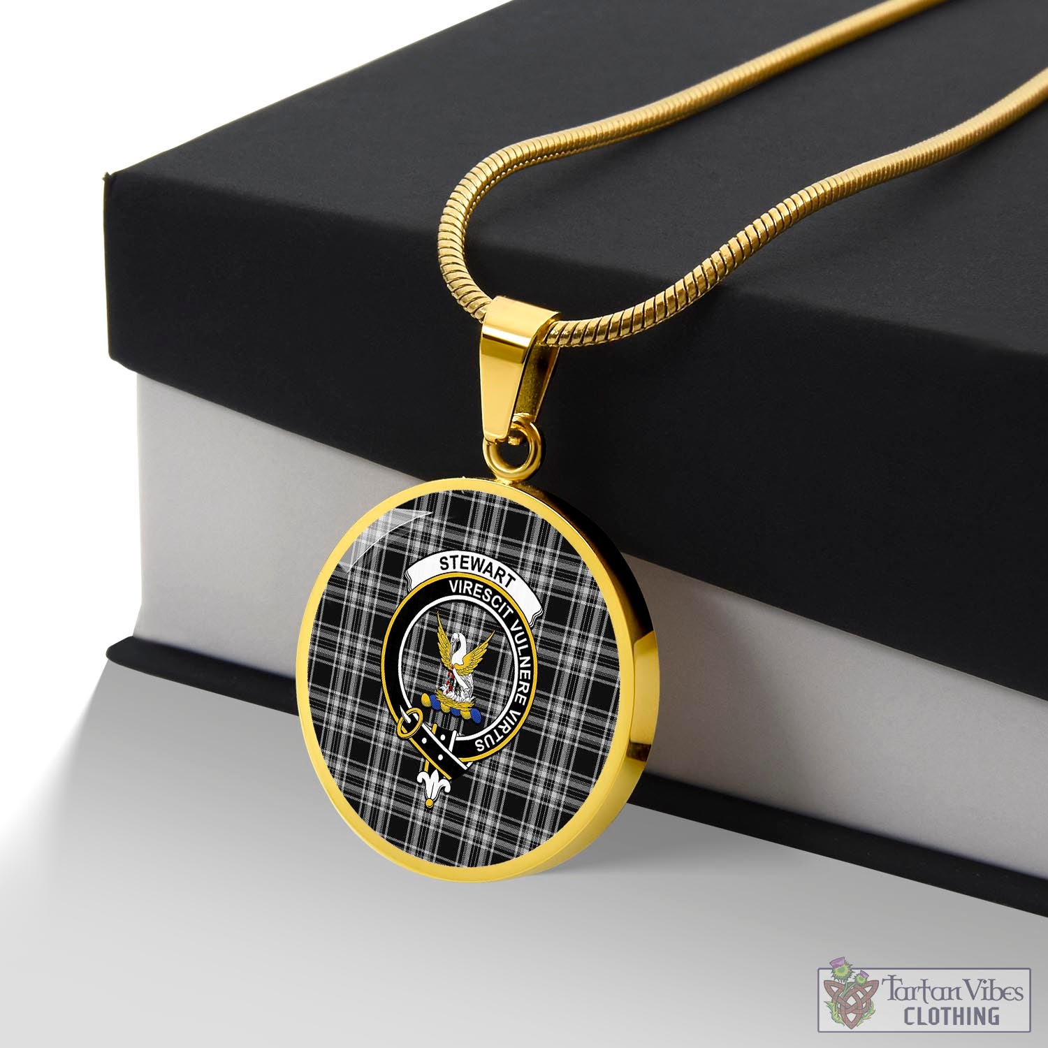 Tartan Vibes Clothing Stewart Black and White Tartan Circle Necklace with Family Crest