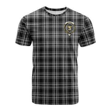Stewart Black and White Tartan T-Shirt with Family Crest