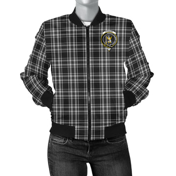 Stewart Black and White Tartan Bomber Jacket with Family Crest