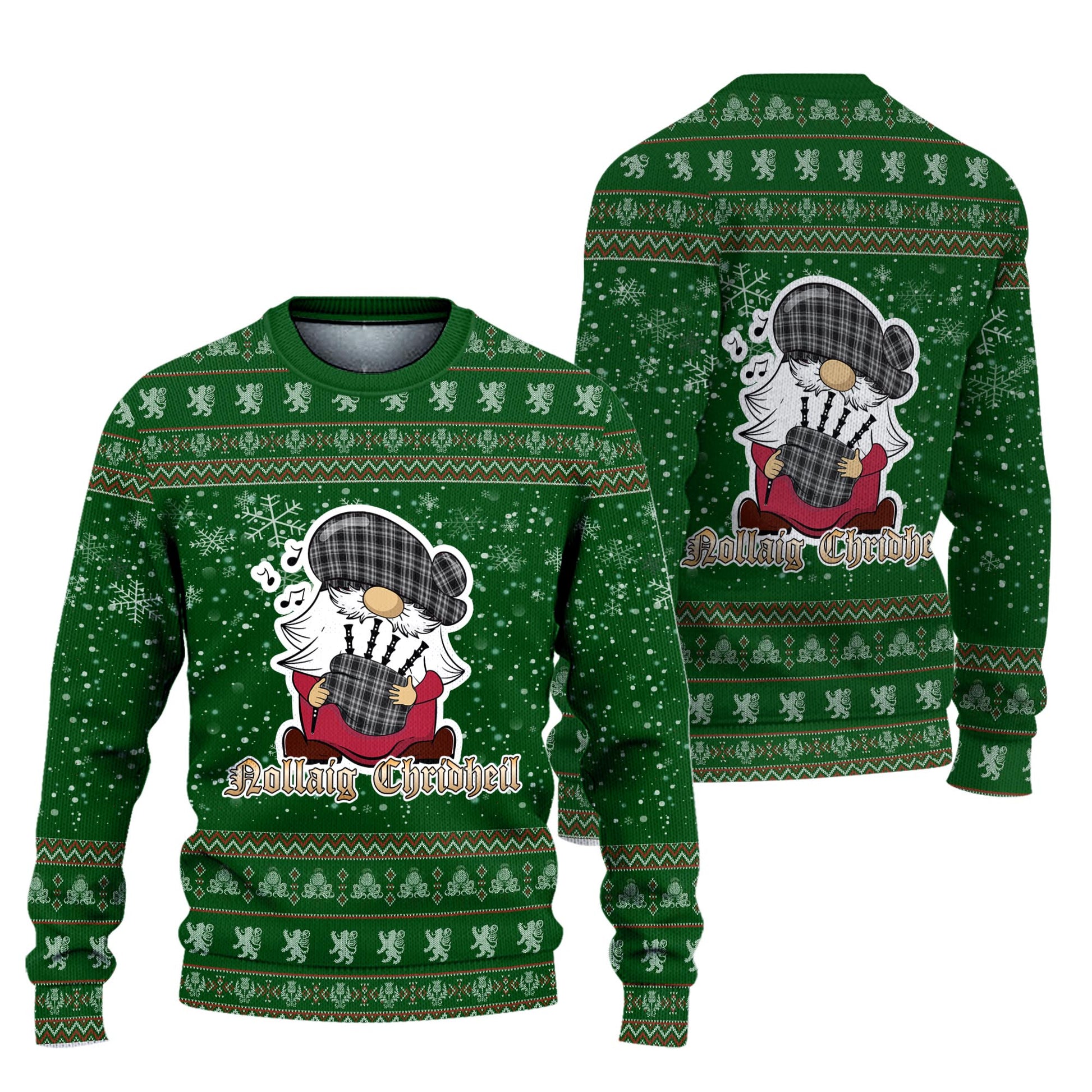 Stewart Black and White Clan Christmas Family Knitted Sweater with Funny Gnome Playing Bagpipes Unisex Green - Tartanvibesclothing