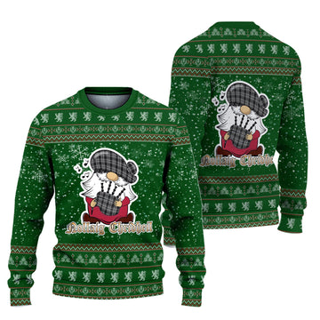 Stewart Black and White Clan Christmas Family Knitted Sweater with Funny Gnome Playing Bagpipes