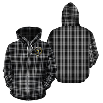 Stewart Black and White Tartan Hoodie with Family Crest