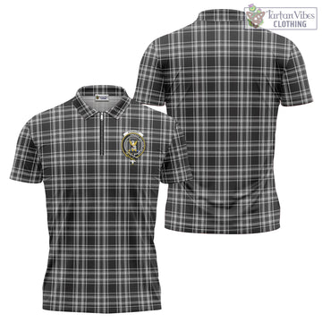 Stewart Black and White Tartan Zipper Polo Shirt with Family Crest