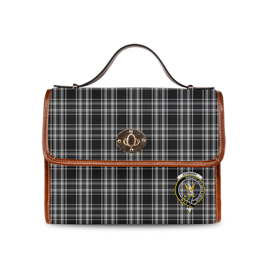 stewart-black-and-white-tartan-leather-strap-waterproof-canvas-bag-with-family-crest