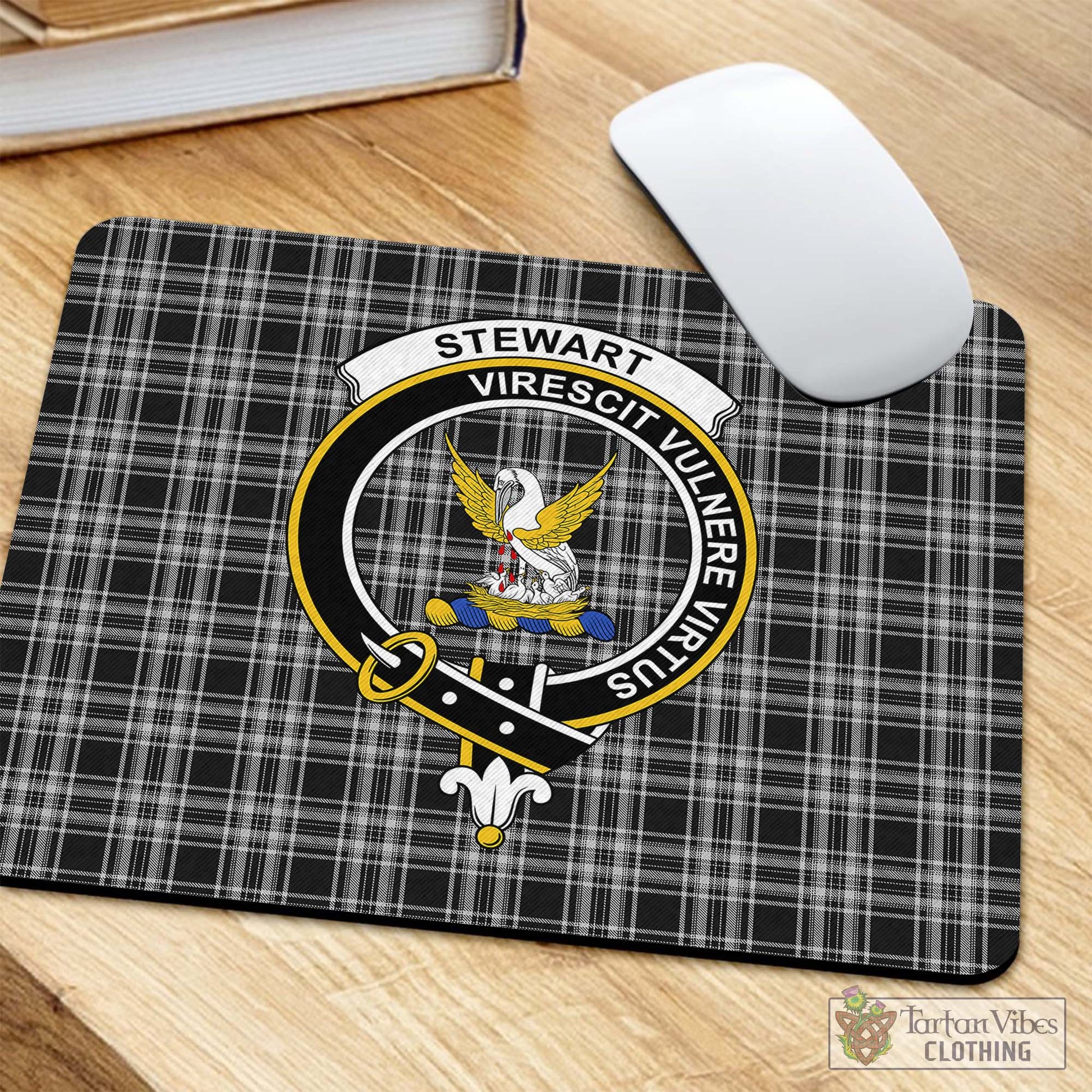 Tartan Vibes Clothing Stewart Black and White Tartan Mouse Pad with Family Crest