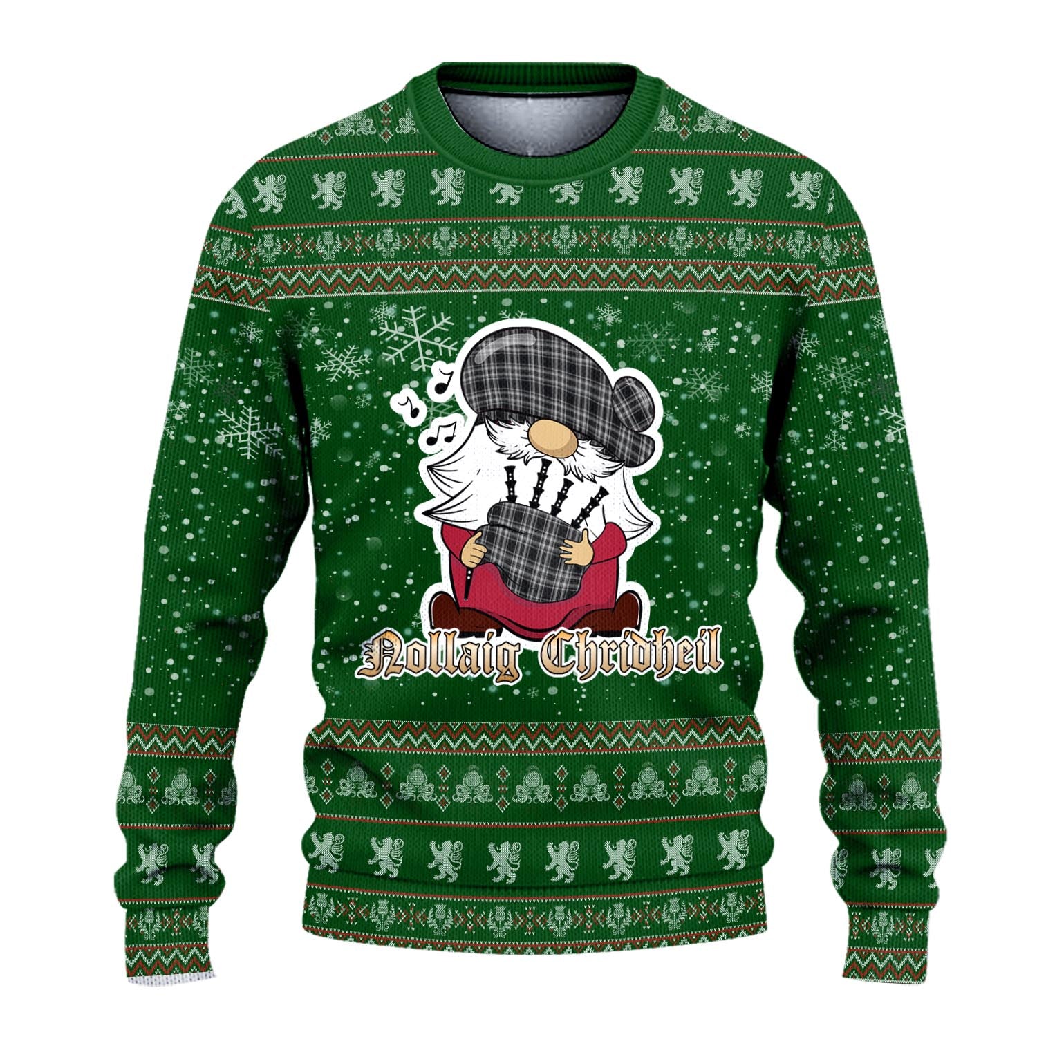Stewart Black and White Clan Christmas Family Knitted Sweater with Funny Gnome Playing Bagpipes - Tartanvibesclothing
