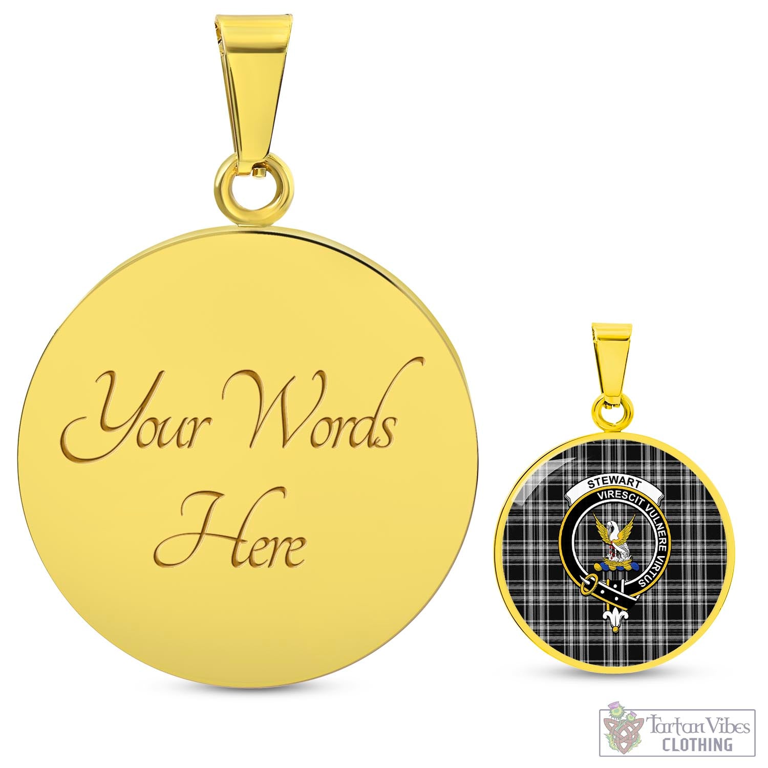 Tartan Vibes Clothing Stewart Black and White Tartan Circle Necklace with Family Crest