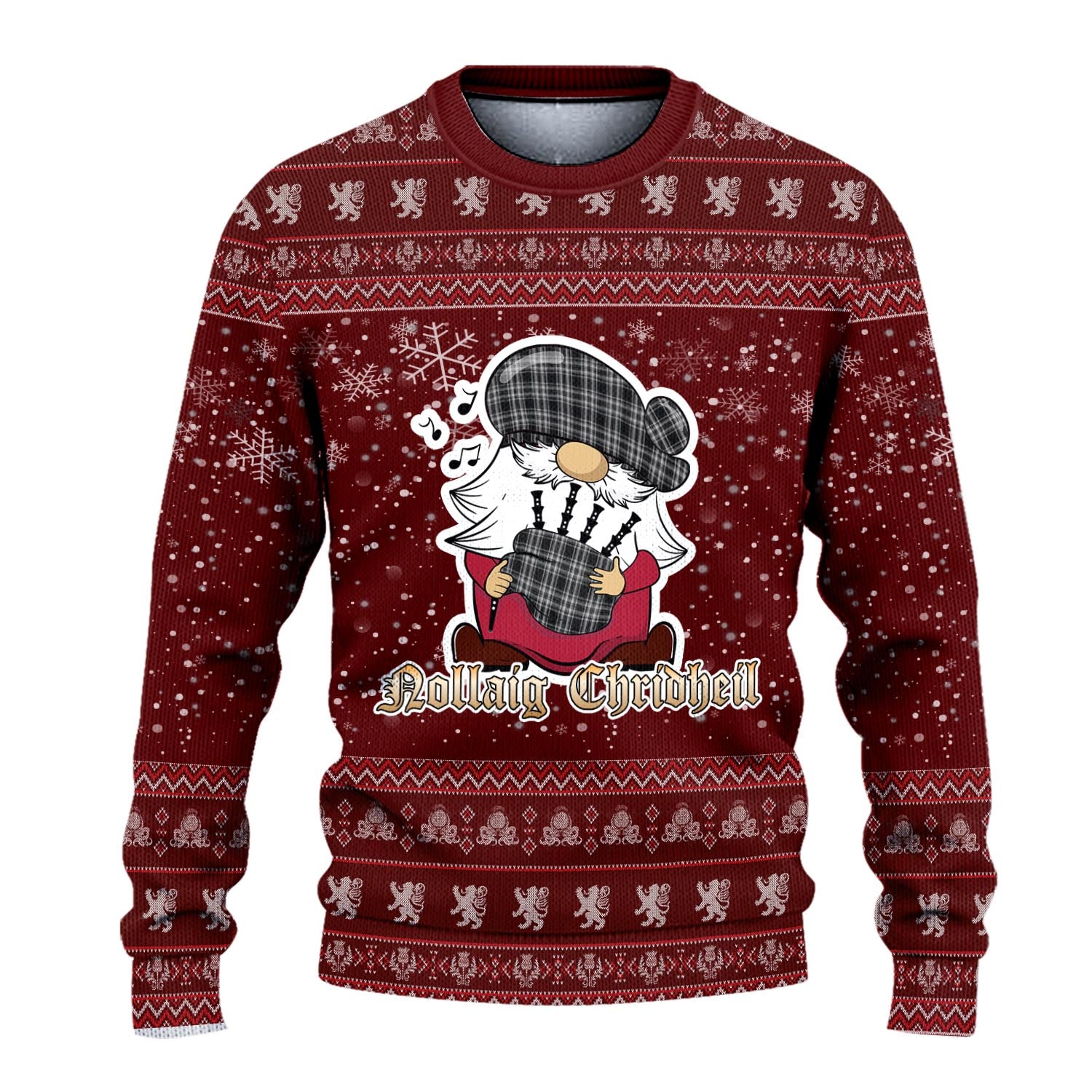 Stewart Black and White Clan Christmas Family Knitted Sweater with Funny Gnome Playing Bagpipes - Tartanvibesclothing