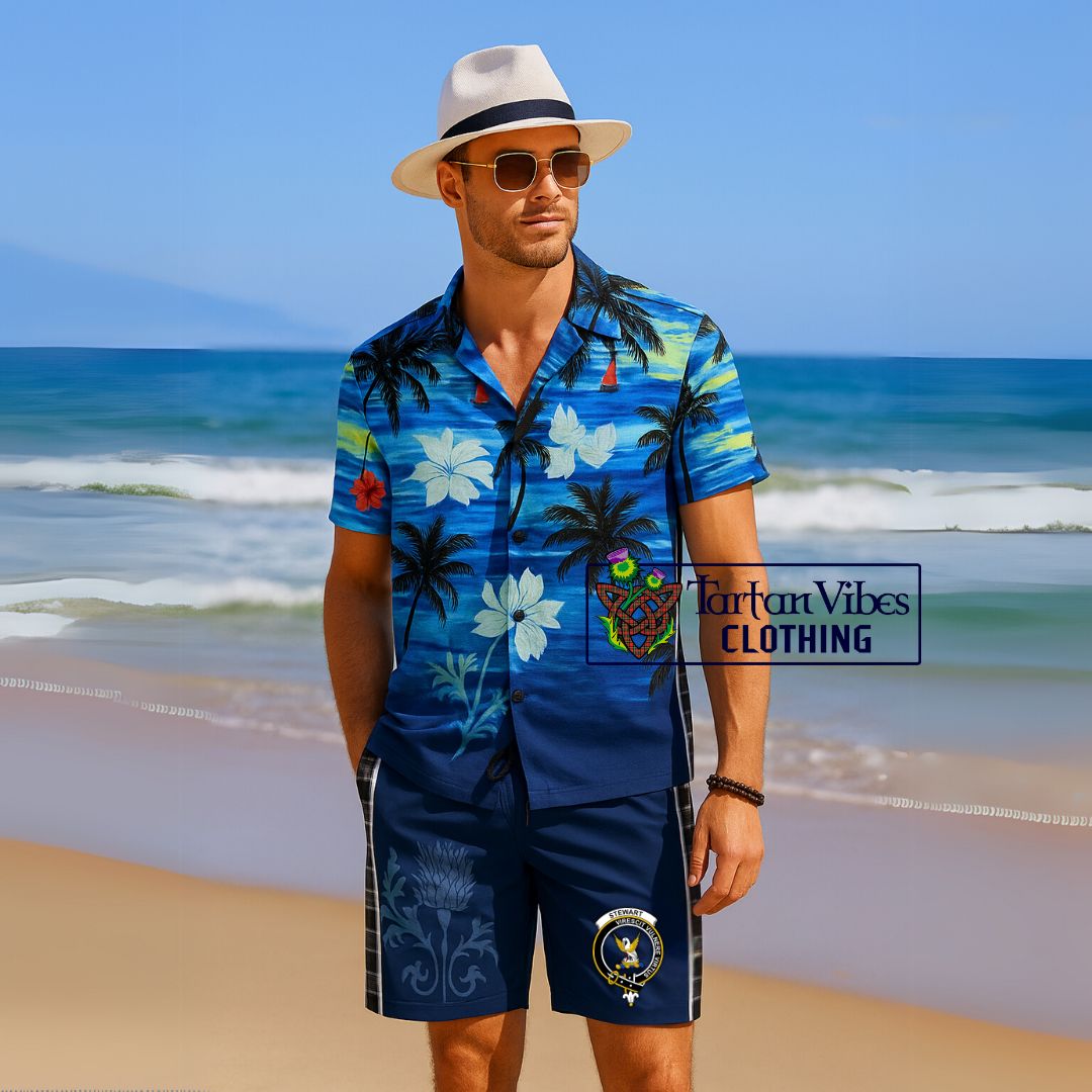 Stewart Black and White Tartan Men's Shorts with Family Crest and Scottish Thistle Vibes Sport Style