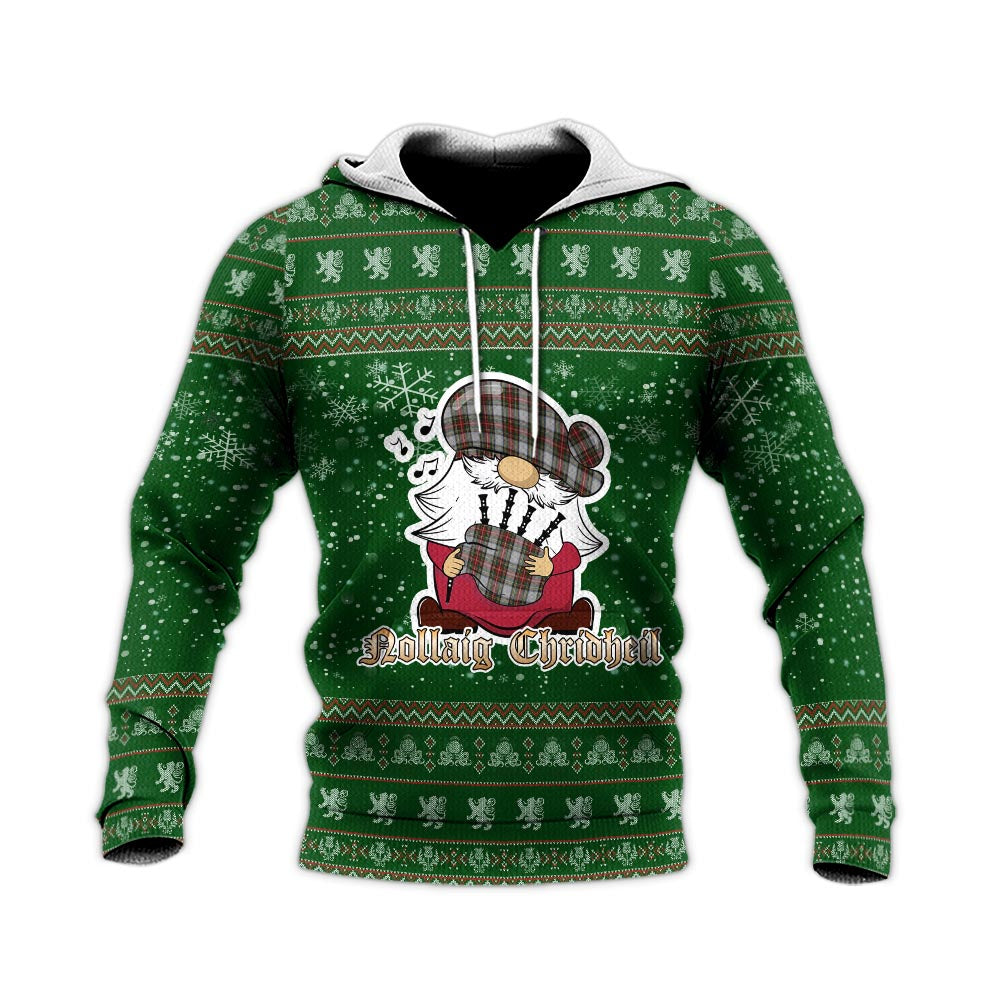 Stewart Dress Clan Christmas Knitted Hoodie with Funny Gnome Playing Bagpipes - Tartanvibesclothing