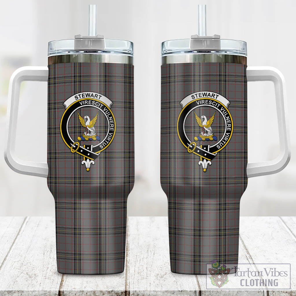 Tartan Vibes Clothing Stewart Grey Tartan and Family Crest Tumbler with Handle