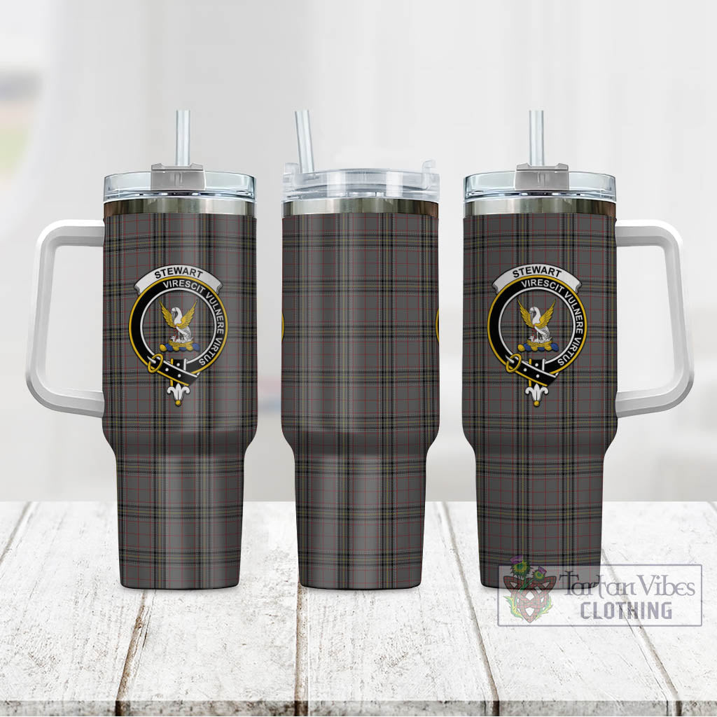 Tartan Vibes Clothing Stewart Grey Tartan and Family Crest Tumbler with Handle