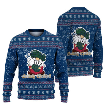 Stewart Hunting Modern Clan Christmas Family Knitted Sweater with Funny Gnome Playing Bagpipes