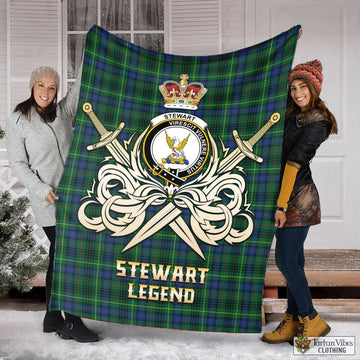 Stewart Hunting Modern Tartan Blanket with Clan Crest and the Golden Sword of Courageous Legacy