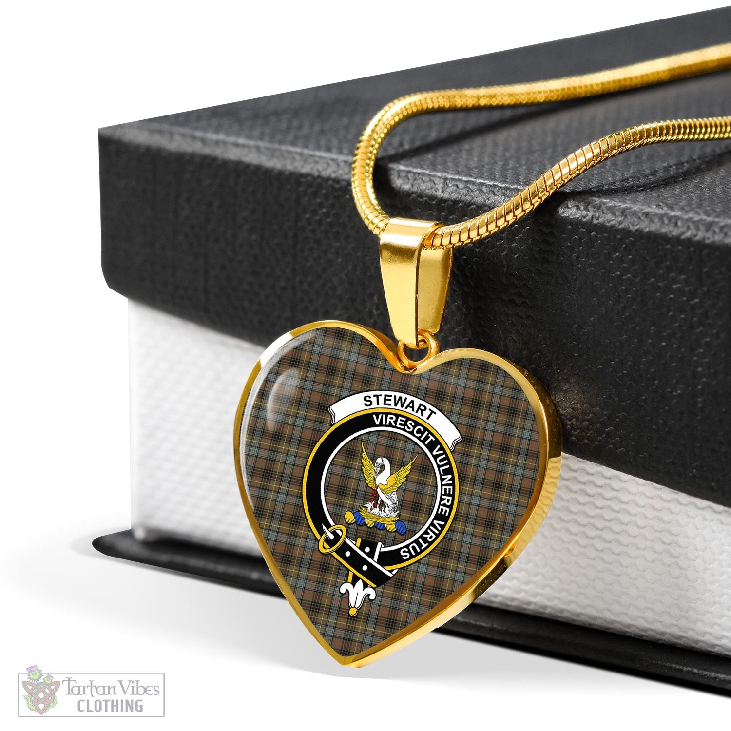 Tartan Vibes Clothing Stewart Hunting Weathered Tartan Heart Necklace with Family Crest