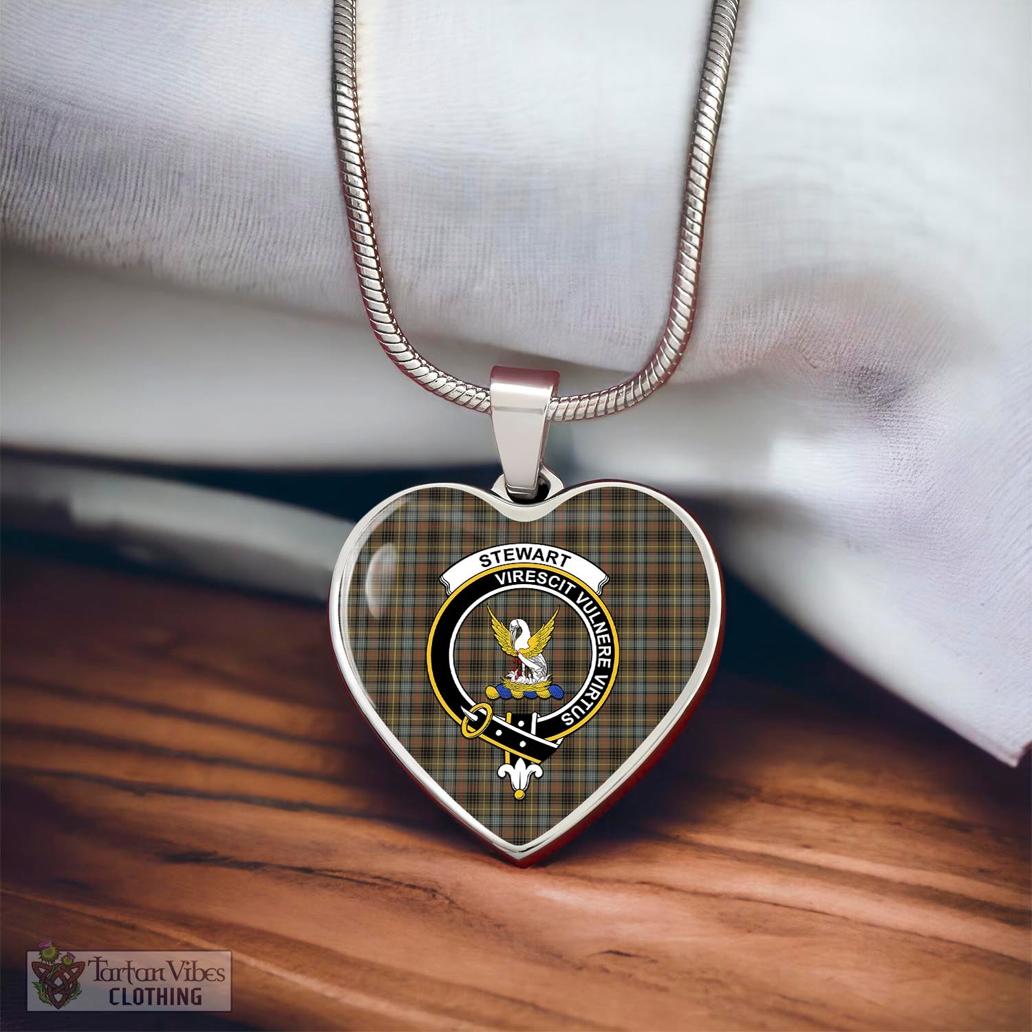 Tartan Vibes Clothing Stewart Hunting Weathered Tartan Heart Necklace with Family Crest