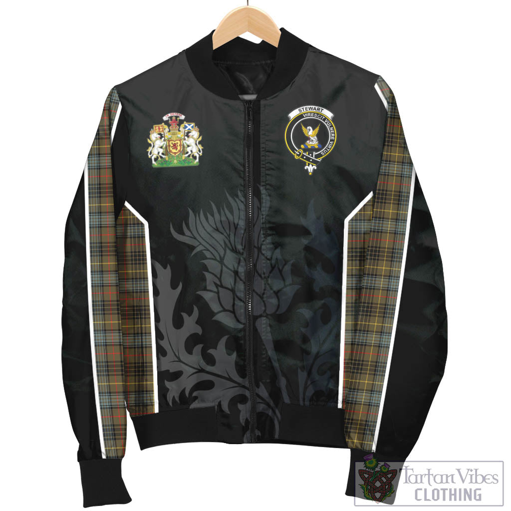 Tartan Vibes Clothing Stewart Hunting Weathered Tartan Bomber Jacket with Family Crest and Scottish Thistle Vibes Sport Style