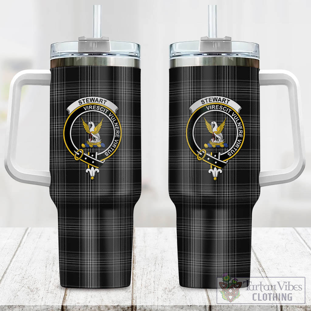 Tartan Vibes Clothing Stewart Mourning Tartan and Family Crest Tumbler with Handle