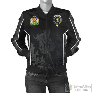 Stewart Mourning Tartan Bomber Jacket with Family Crest and Scottish Thistle Vibes Sport Style