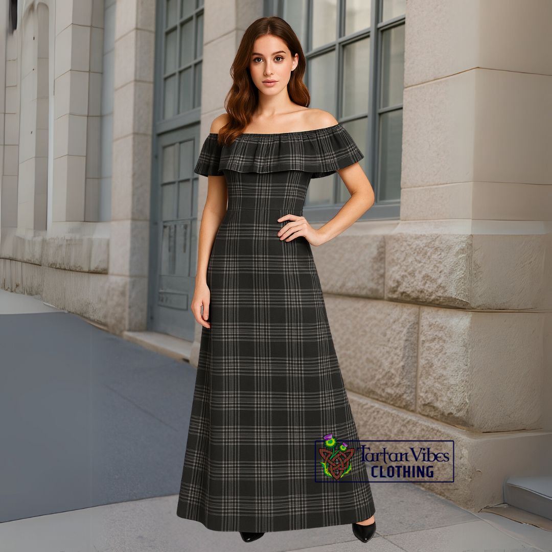 Stewart Mourning Tartan Off-Shoulder Long Dress