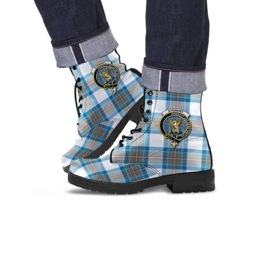 Stewart Muted Blue Tartan Leather Boots with Family Crest