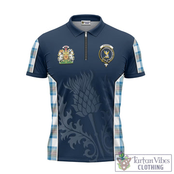 Stewart Muted Blue Tartan Zipper Polo Shirt with Family Crest and Scottish Thistle Vibes Sport Style