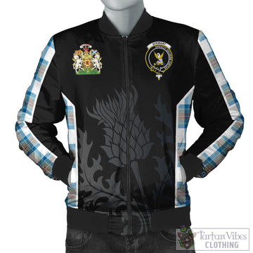 Stewart Muted Blue Tartan Bomber Jacket with Family Crest and Scottish Thistle Vibes Sport Style
