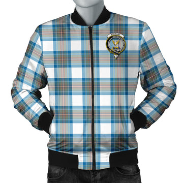 Stewart Muted Blue Tartan Bomber Jacket with Family Crest