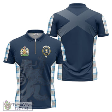 Stewart Muted Blue Tartan Zipper Polo Shirt with Family Crest and Lion Rampant Vibes Sport Style