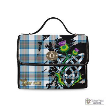 Stewart Muted Blue Tartan Waterproof Canvas Bag with Scotland Map and Thistle Celtic Accents