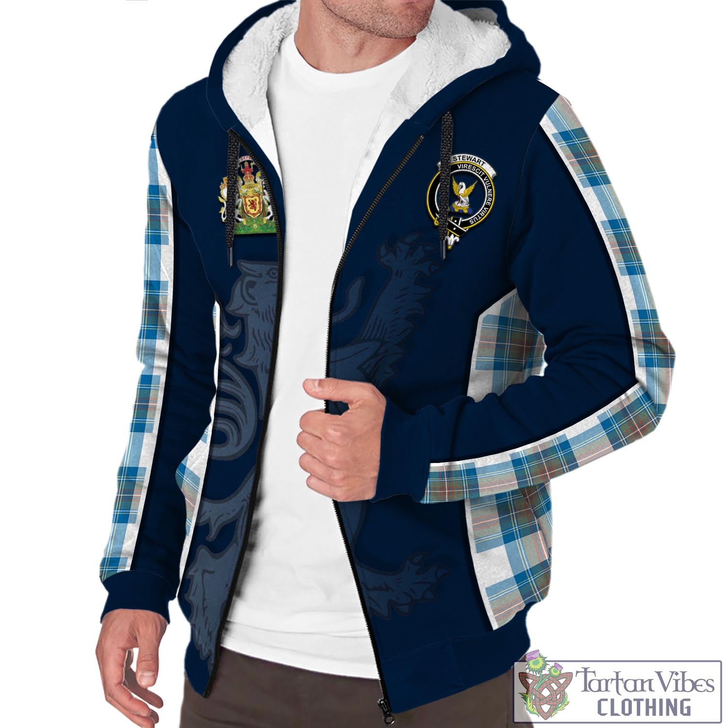 Tartan Vibes Clothing Stewart Muted Blue Tartan Sherpa Hoodie with Family Crest and Lion Rampant Vibes Sport Style