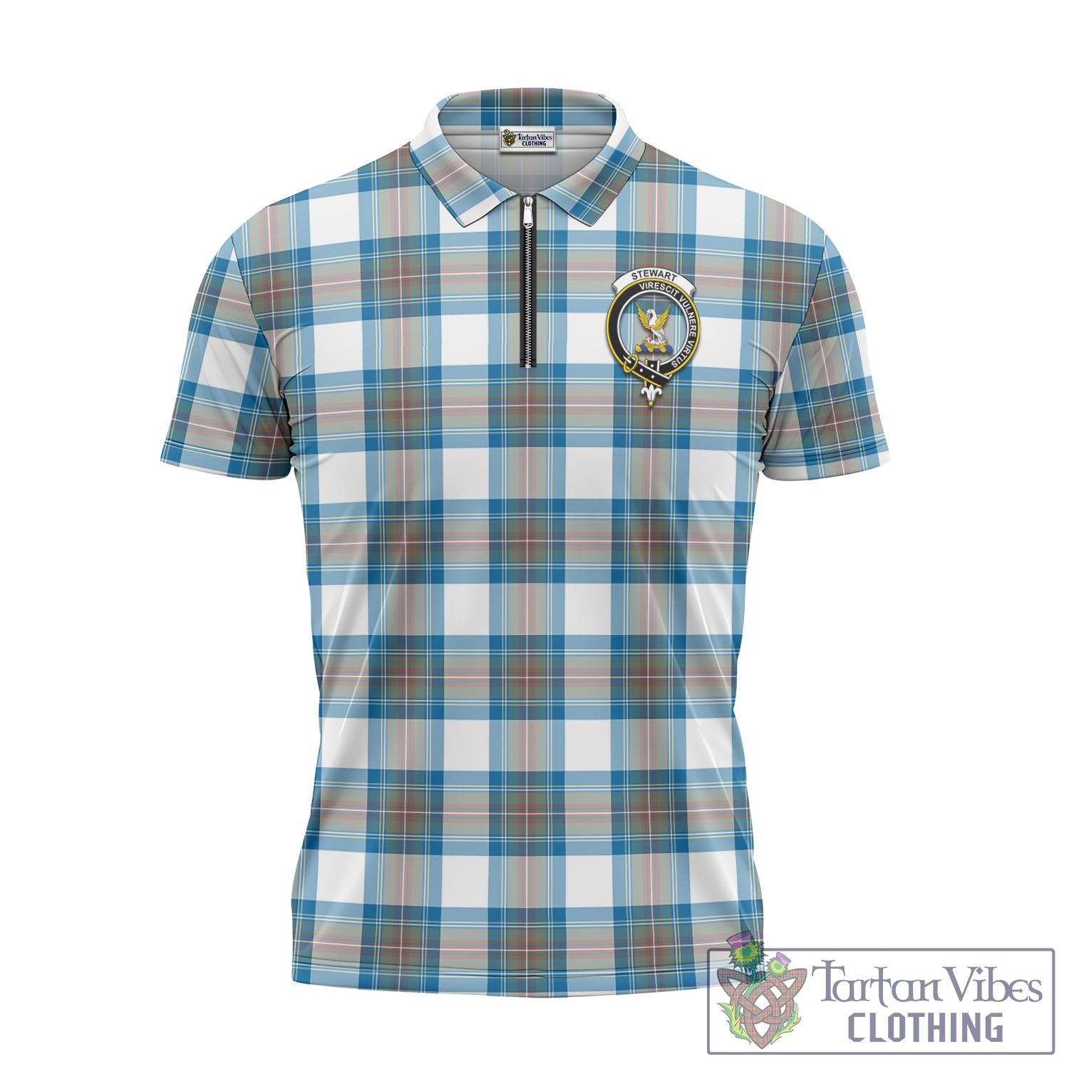 Tartan Vibes Clothing Stewart Muted Blue Tartan Zipper Polo Shirt with Family Crest
