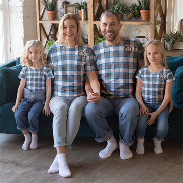 Stewart Muted Blue Tartan T-Shirt with Family Crest