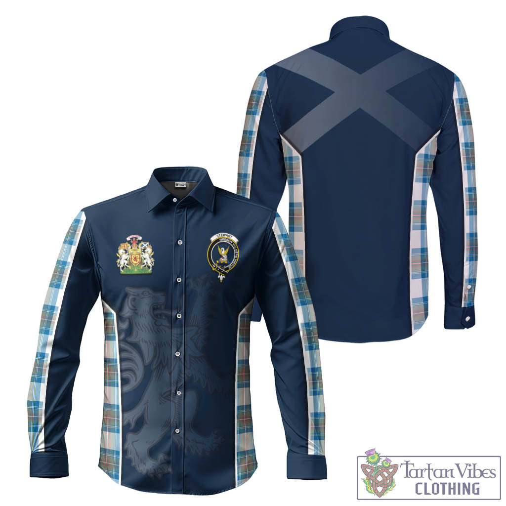 Stewart Muted Blue Tartan Long Sleeve Button Up Shirt with Family Crest and Lion Rampant Vibes Sport Style