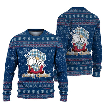 Stewart Muted Blue Clan Christmas Family Knitted Sweater with Funny Gnome Playing Bagpipes