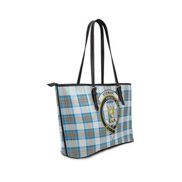 Stewart Muted Blue Tartan Leather Tote Bag with Family Crest