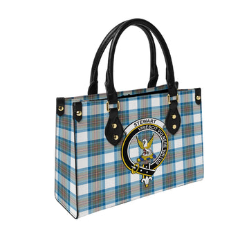 Stewart Muted Blue Tartan Leather Bag with Family Crest