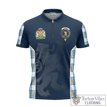 Stewart Muted Blue Tartan Zipper Polo Shirt with Family Crest and Lion Rampant Vibes Sport Style