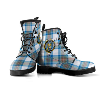 Stewart Muted Blue Tartan Leather Boots with Family Crest