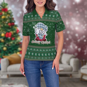 Stewart Muted Blue Clan Christmas Family Polo Shirt with Funny Gnome Playing Bagpipes