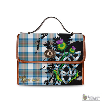 Stewart Muted Blue Tartan Waterproof Canvas Bag with Scotland Map and Thistle Celtic Accents
