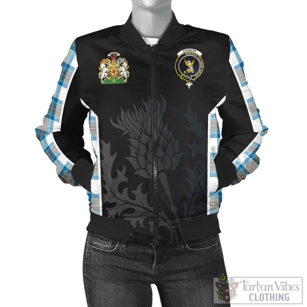 Tartan Vibes Clothing Stewart Muted Blue Tartan Bomber Jacket with Family Crest and Scottish Thistle Vibes Sport Style