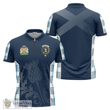 Stewart Muted Blue Tartan Zipper Polo Shirt with Family Crest and Scottish Thistle Vibes Sport Style